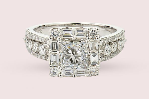 18kt White Gold Square Halo Engagement Ring With Baguettes